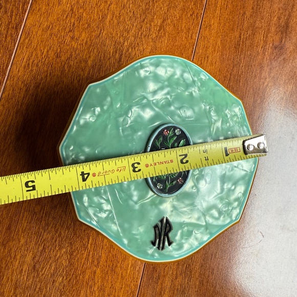 1930s Celluloid Art Deco Amber Blue Floral Powder Vanity Jar Trinket Box Jewelry - Picture 9 of 11